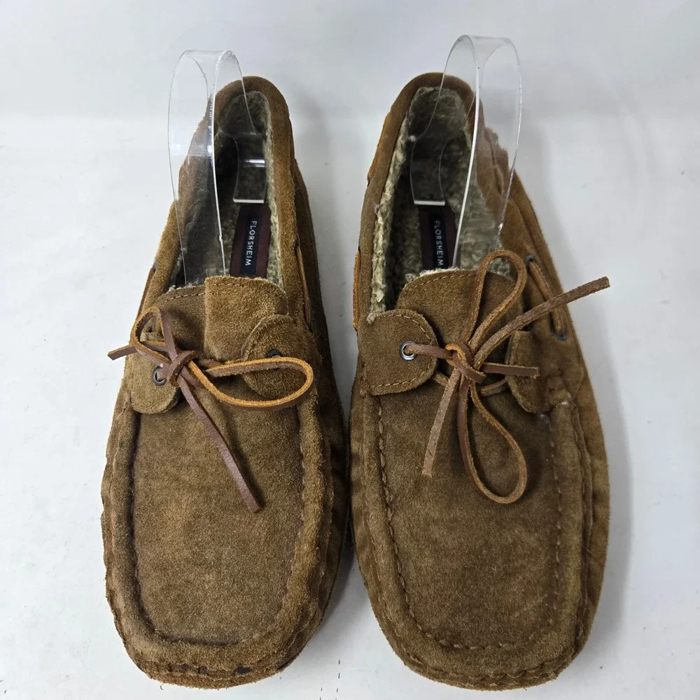 Florsheim Mens Brown Suede Faux Fur Lined Moccasin Slippers 5382106 Size 12M